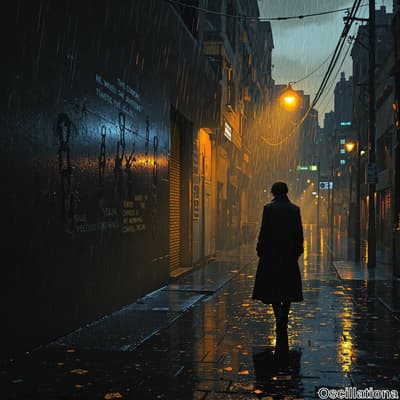 A dimly lit urban alleyway in the rain, with shimmering reflections on the wet pavement f…