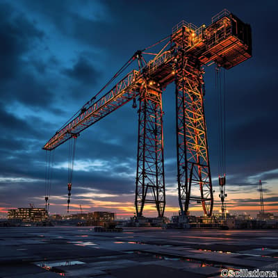 A large construction crane stands silhouetted against a twilight sky, its metallic struct…