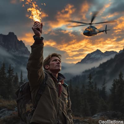 A young man in a green jacket and red hoodie stands in a mountainous landscape at sunset,…