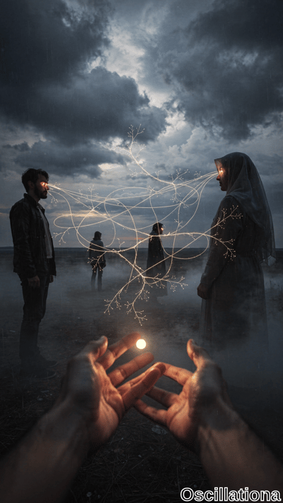 A surreal scene with dark, cloudy sky; two hands in the foreground hold a glowing yellow …