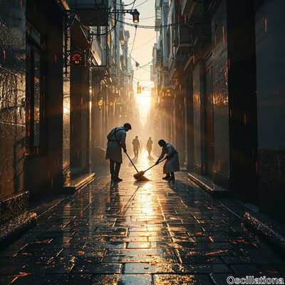 "In an urban alleyway, three workers in similar attire sweep the wet, reflective cobblest…