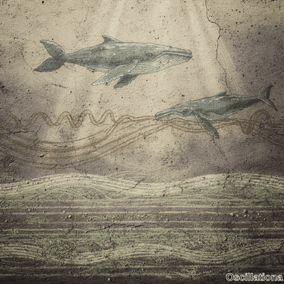 Two stylized humpback whales swim to the right on this ancient cave painting with cracked…