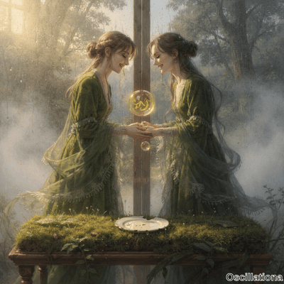 Two identical women in emerald gowns hold hands face-to-face through rain-streaked frame …