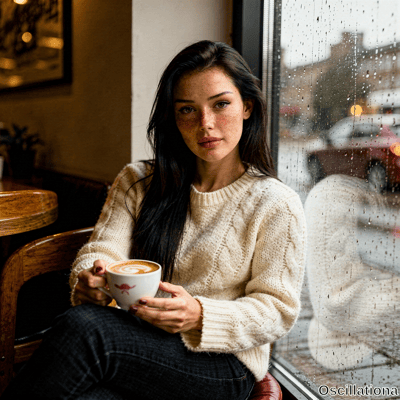 A young woman with green eyes, dark hair and freckles holds a latte in a cozy cafe, gazin…