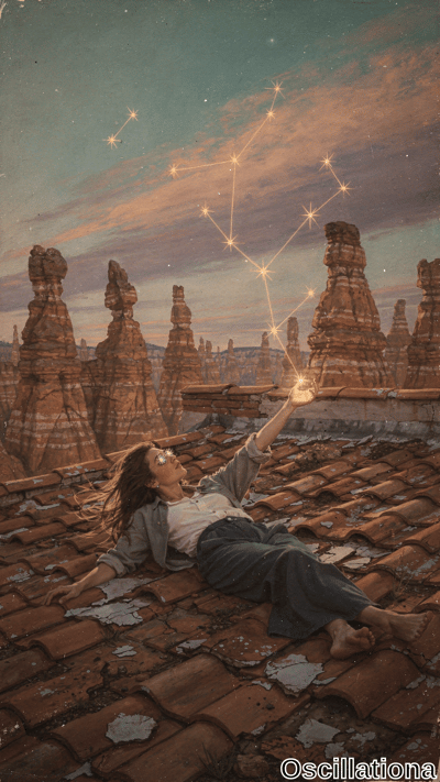 Surreal twilight: barefoot young woman reclines on terracotta rooftops in white shirt & g…