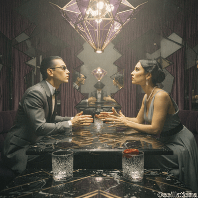 Moody close-up of Asian man in suit and sunglasses gesturing intently to elegant woman in…