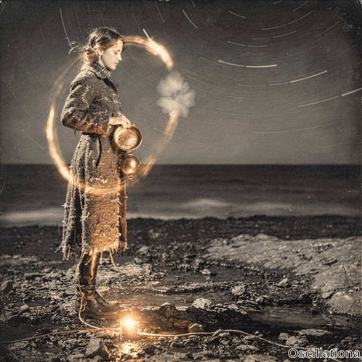 Profile of woman in dark textured coat and boots on a rocky shore, holding a perforated lantern ringed by amber light above wet rocks and star trails.