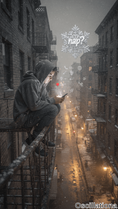 Moody cinematic portrait of pale young man with dark hair, pensive on rusty NYC fire esca…