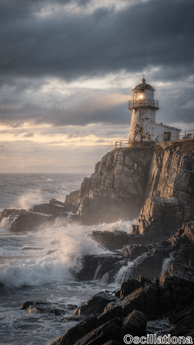 A weathered white lighthouse with rust stains and glowing red-domed lantern clings to a j…