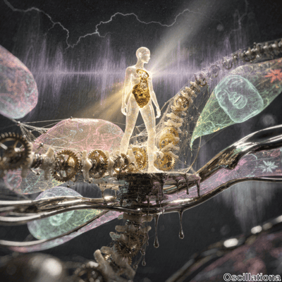 A surreal digital artwork depicting a translucent humanoid with a glowing golden heart an…