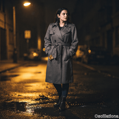 A pensive woman with long dark hair in gray wool trench coat stands in rain-slicked stree…