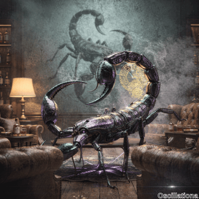 A highly detailed, metallic scorpion with a futuristic design and glossy, segmented body …