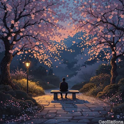 A serene nighttime park scene with a vintage lamp post casting warm light on cobblestone …