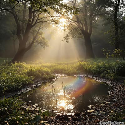 A serene forest at sunrise or sunset, featuring a small pond surrounded by lush green veg…