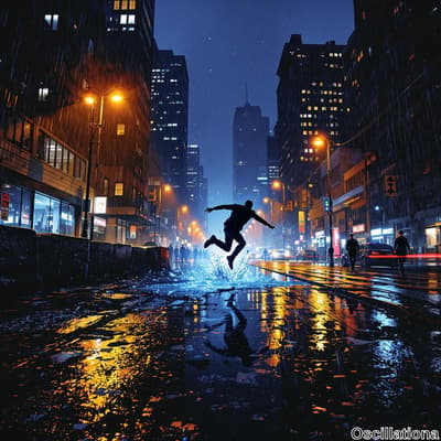 A person leaps across a rain-soaked city street at night, silhouetted against vibrant str…