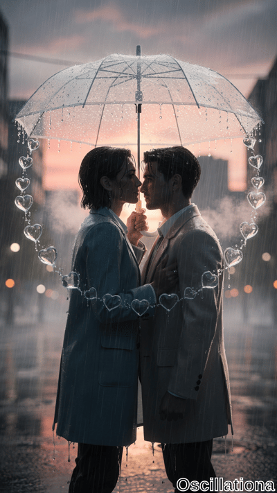 Romantic portrait of couple in nose-to-nose kiss under transparent umbrella amid heavy ra…