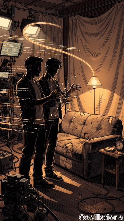 Dimly lit noir-style film set of shabby living room: torn tan couch, wooden table with 2:…