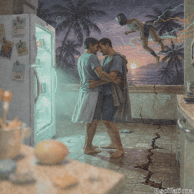 Surreal mosaic painting of two barefoot muscular men passionately kissing in cracked twil…