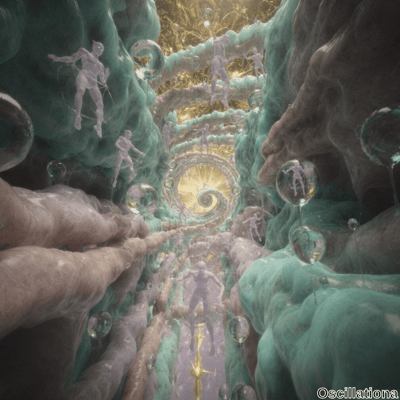 Surreal tunnel scene with semi-transparent humanoid figures interacting within an organic…