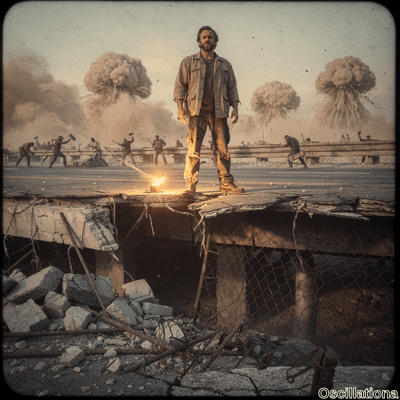 Cinematic sepia-toned vignette of rugged bearded survivor standing heroically on crumblin…
