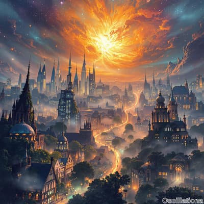 A fantastical cityscape at night with gothic spires and modern skyscrapers, illuminated b…