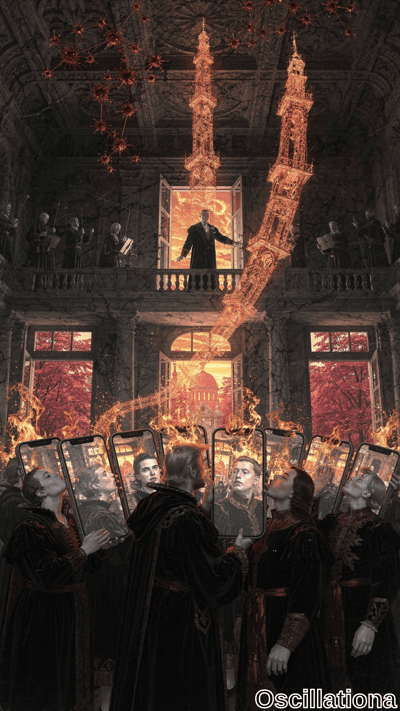 Decaying Gothic hall in infernal reds and blacks: hooded cultists in velvet robes hold fl…