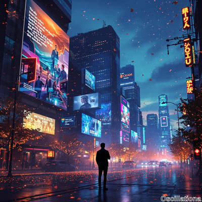 A person stands silhouetted in the foreground, gazing up at a vibrant urban cityscape at …