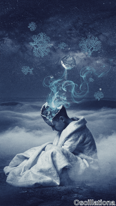 Dreamlike digital artwork of meditative dark-skinned man with closed eyes, head cracked l…