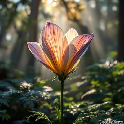 A close-up of a vibrant flower in a forest, with large petals transitioning from soft pin…