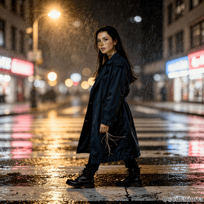 A young woman with freckles and wet dark hair stands in the rainy city crosswalk at night…