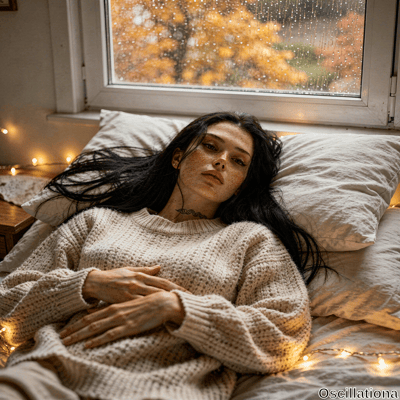 In cozy bedroom on rainy autumn day, freckled woman with long black hair, piercing eyes, …