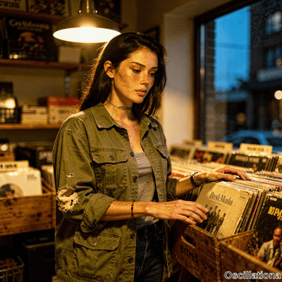 A freckled woman with long dark hair and wave tattoo in denim jacket browses Bresh Morka …