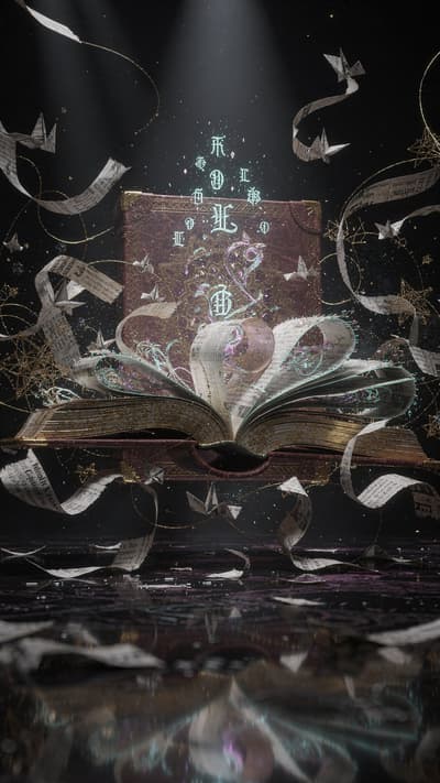 An ornate book with gold and purple designs lies open, releasing swirling streams of pape…