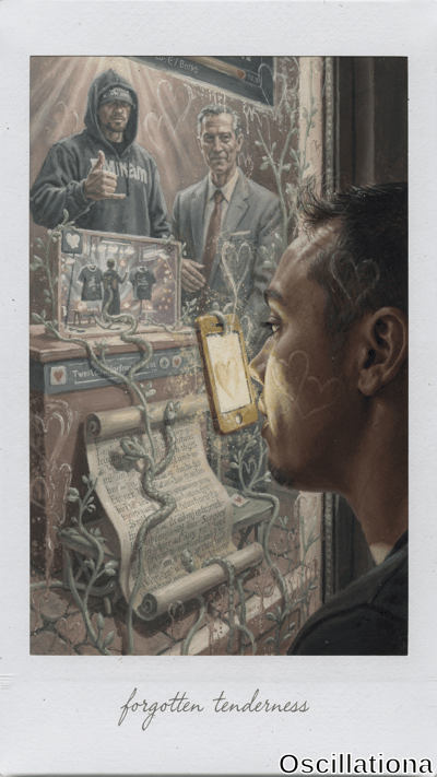 Polaroid-style photo of hyper-realistic oil painting in worn white frame: vine-choked sub…