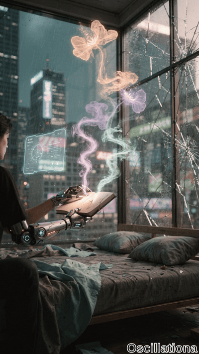 Cyberpunk bedroom at rainy night: from behind, dark-haired youth in black shirt on messy …