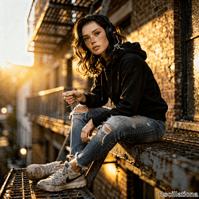 Young woman with freckles, neck tattoo sits on rusty fire escape wearing headphones and h…