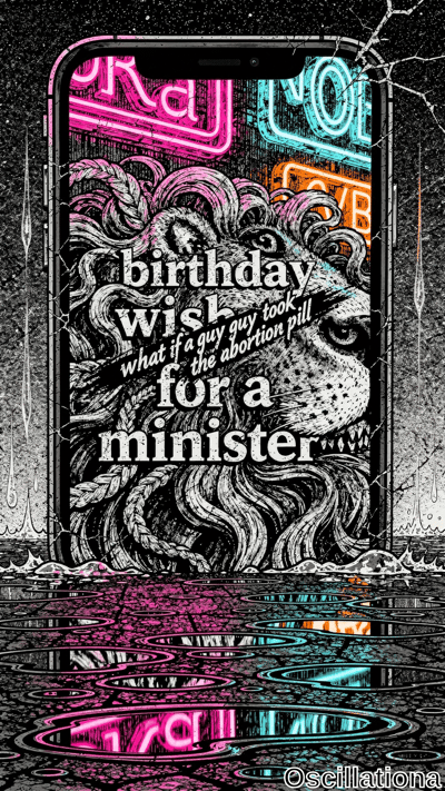 Black iPhone-style smartphone screen displays cyberpunk lion art: snarling black ink head…