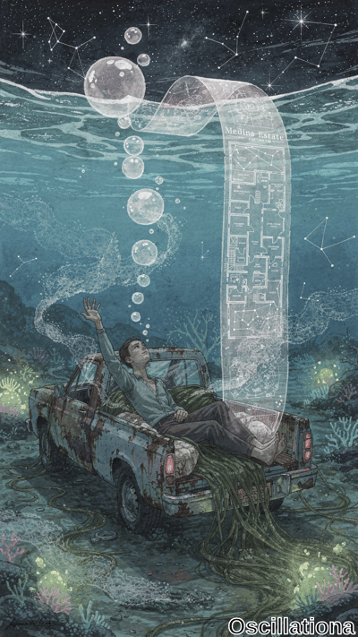 A surreal dreamlike underwater scene: starry navy sky above wavy surface, teal-blue ocean…