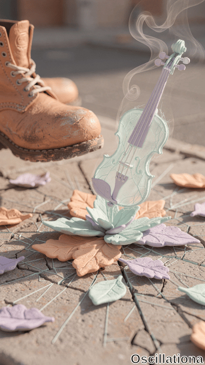 Surreal close-up of massive weathered tan leather combat boot crushing delicate transluce…