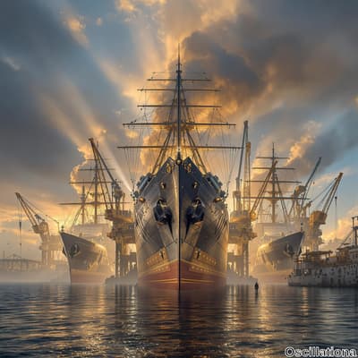 A large, black and gold ship with intricate rigging and masts dominates the center, flank…