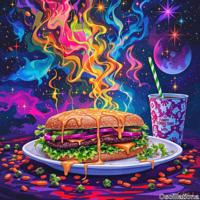 A surrealistic cheeseburger on a white plate with sesame seed bun, melted cheese dripping…