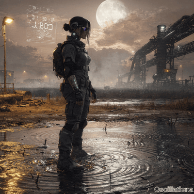 Cyberpunk female operative standing in profile in a flooded industrial wasteland at night…