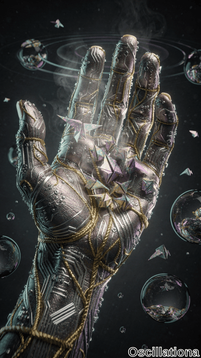 A highly detailed futuristic mechanical hand with a metallic surface, adorned with intric…