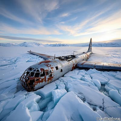 "A vintage military or cargo airplane, heavily rusted with a silver and reddish-brown hue…