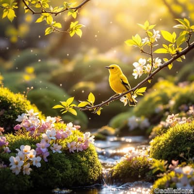 A serene natural scene with soft golden light illuminating a vibrant yellow bird perched …