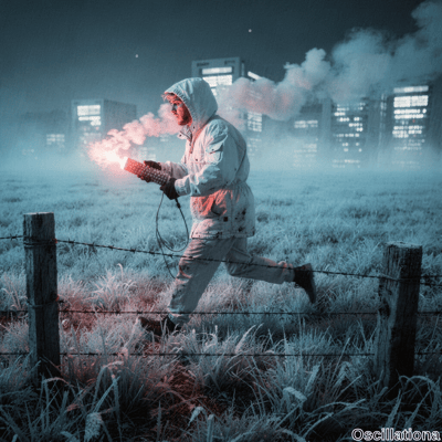 In icy blue-white cyberpunk night, bearded man in white hooded parka and dirt-stained bag…