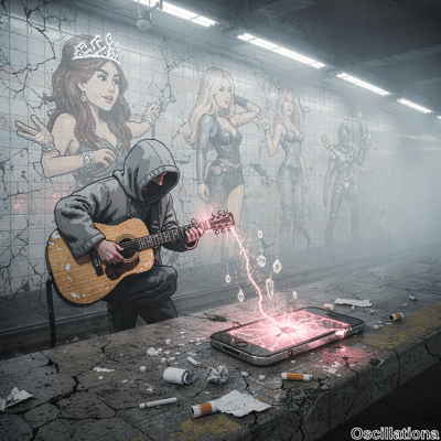 Gritty cyberpunk subway platform in desaturated grays: cracked white tile walls, fog, flu…