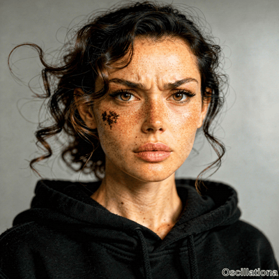Intense studio portrait of a freckled young woman with hazel eyes and furrowed brows in a…