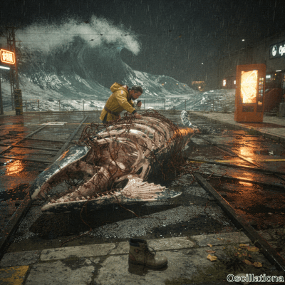 Man in yellow raincoat stands over decaying whale carcass on rainy train platform as tsun…