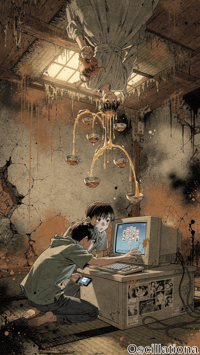 Anime horror: Upside-down figure in yukata pours honey into hanging teacups above two boy…